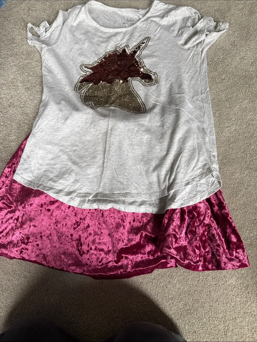 Justice Gray Tee with Reversible Sequin Unicorn - Red and Gold Accents